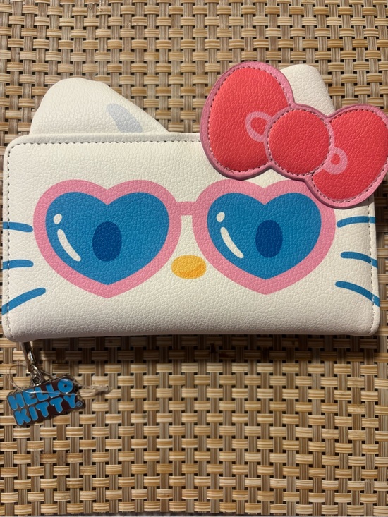 Hello Kitty Other - Hello Kitty White Wallet with Pink Bow and Blue Heart Sunglasses Print